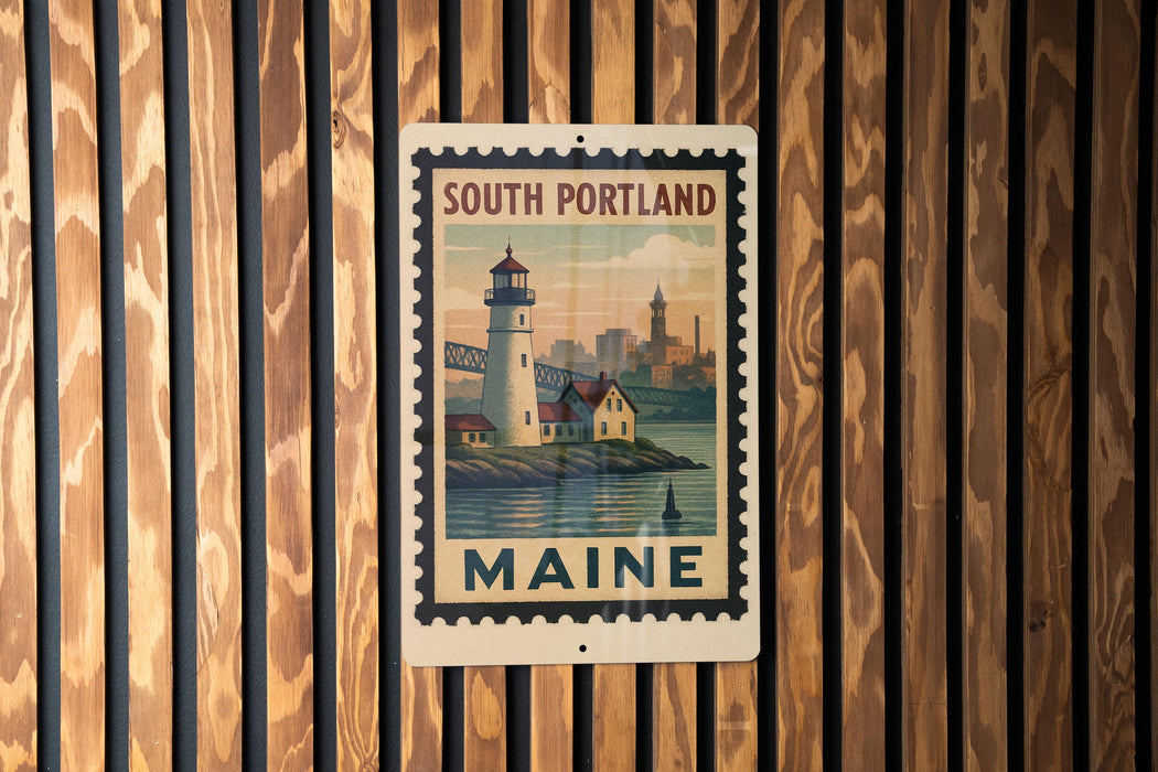A metal sign with a lighthouse and a cityscape, mounted on a wooden wall.