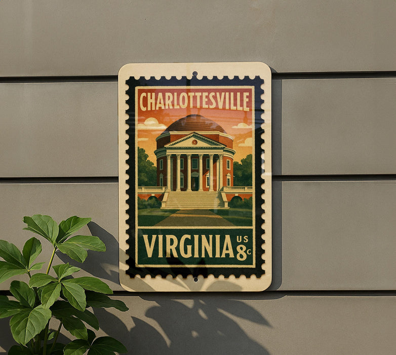 A postage stamp depicting the University of Virginia, with the text "CHARLOTESVILLE VIRGINIA US 8c" printed on it.