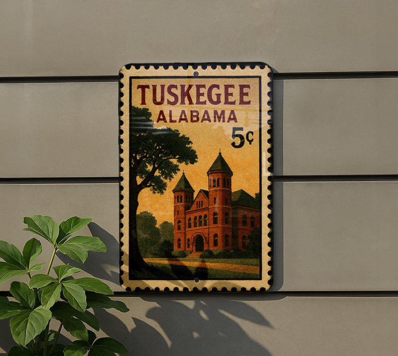 A postage stamp from Alabama featuring a building with a tower, mounted on a wall next to a plant.