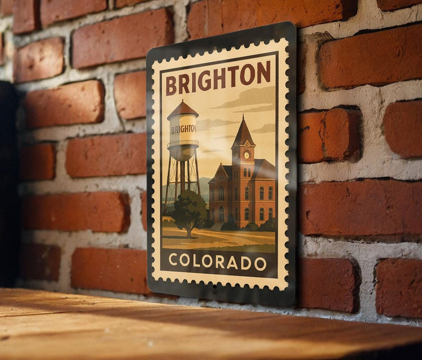 A vintage-style metal stamp depicting a water tower and a building, with the text "BRIGHTON COLORADO" printed on it, is displayed on a brick wall.