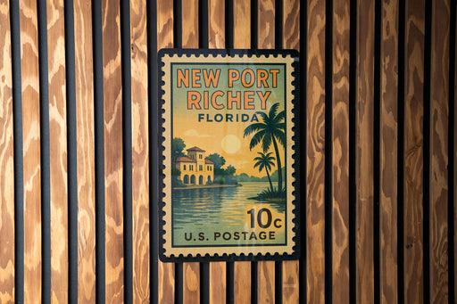 A vintage-style postage stamp from the United States, featuring a tropical beach scene with palm trees and a house, mounted on a wooden wall.