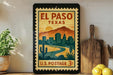 A vintage-style postage stamp from the United States, featuring an illustration of a cityscape with mountains in the background and a cactus in the foreground.