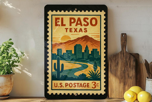 A vintage-style postage stamp from the United States, featuring an illustration of a cityscape with mountains in the background and a cactus in the foreground.