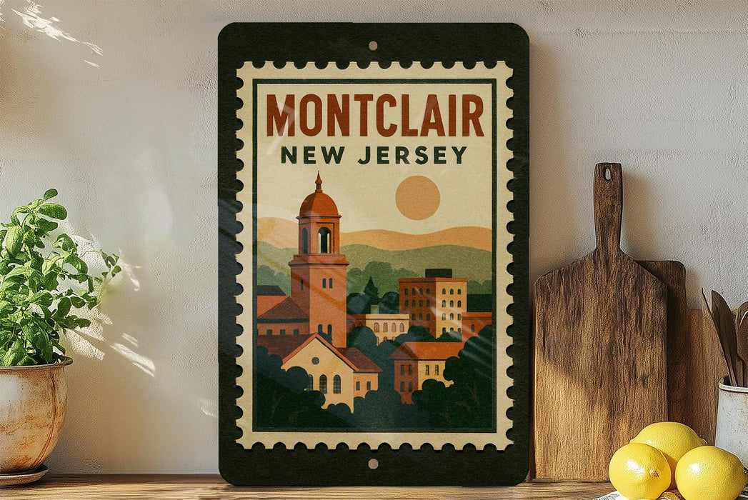 A framed poster of Montclair, New Jersey, featuring a colorful illustration of the town's buildings and landscape.