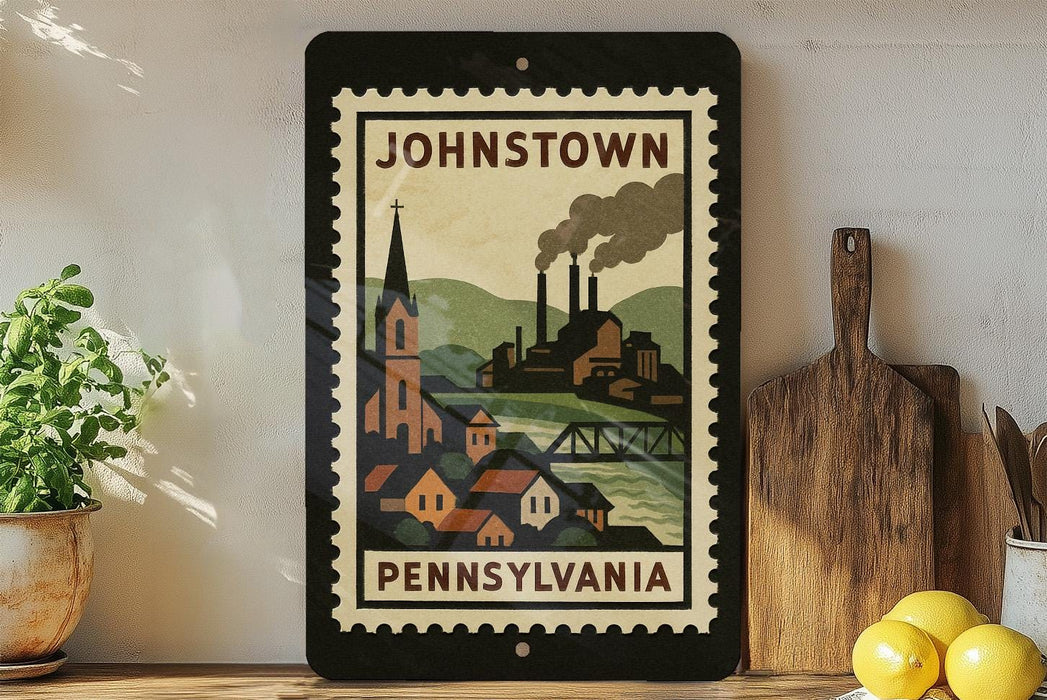 A framed poster of Johnstown, Pennsylvania, featuring a stylized illustration of the town with steam rising from the buildings.