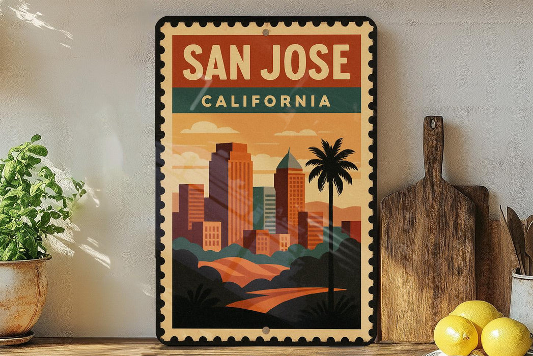 A vintage-style metal sign with the text "SAN JOSE CALIFORNIA" and an illustration of a city skyline with palm trees.