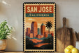 A vintage-style metal sign with the text "SAN JOSE CALIFORNIA" and an illustration of a city skyline with palm trees.