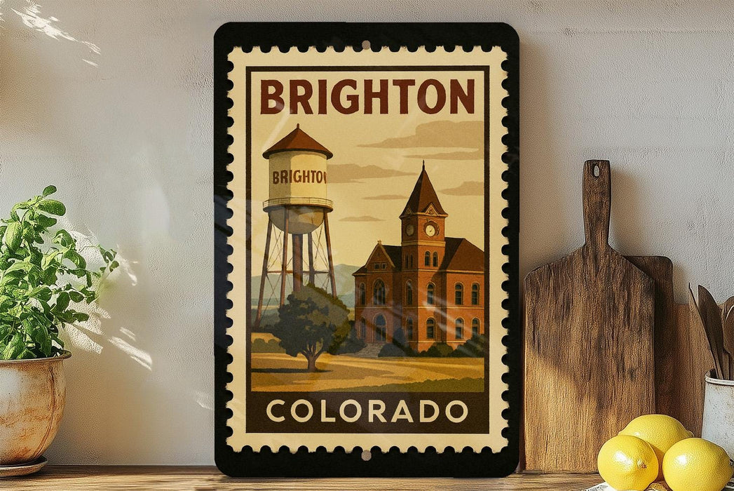 A framed poster of a water tower and a building, with the text "BRIGHTON COLORADO" on it, is displayed on a wall next to a wooden cutting board and a potted plant.