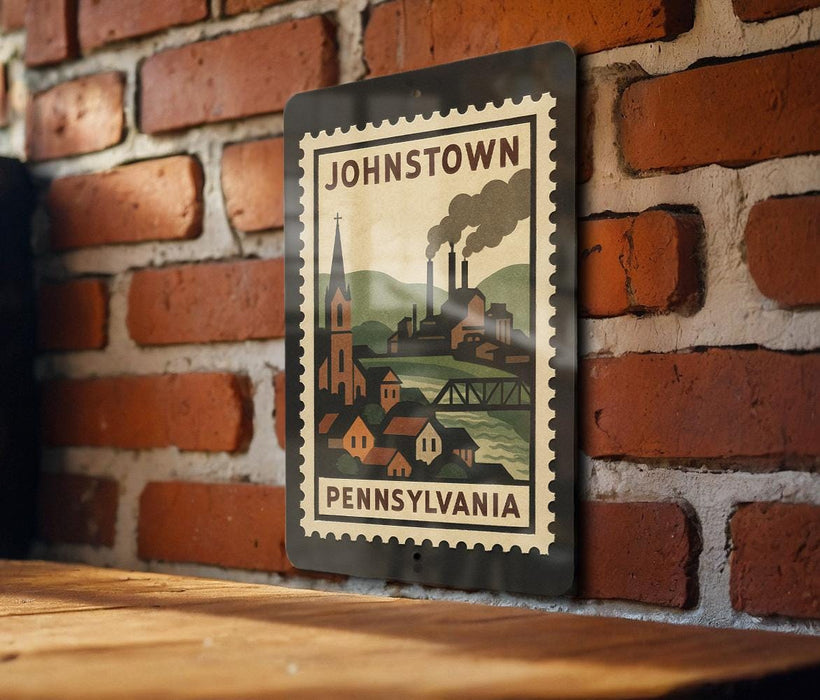 A metal sign with a vintage-style illustration of a town, featuring a church, steam-powered factory, and a bridge, mounted on a brick wall.