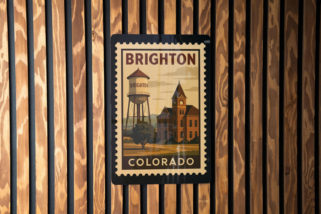 A vintage postage stamp from Brighton, Colorado, featuring a water tower and a building, is displayed on a wooden wall.