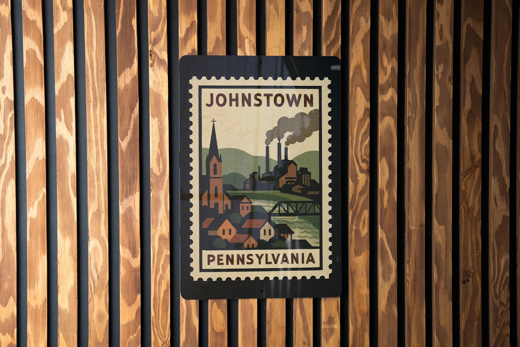 A vintage-style postage stamp from Pennsylvania, featuring a town scene with a church and steam-powered factory, is displayed on a wooden wall.