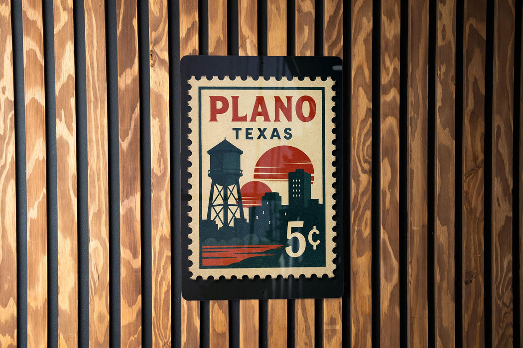 A vintage-style postage stamp from Plano, Texas, featuring a water tower and a sunset in the background.