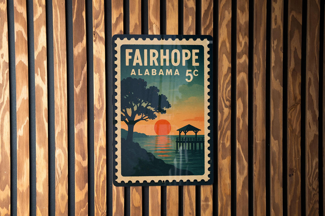 A vintage-style postage stamp from Alabama, featuring a sunset over a body of water with a pier and a tree in the foreground.