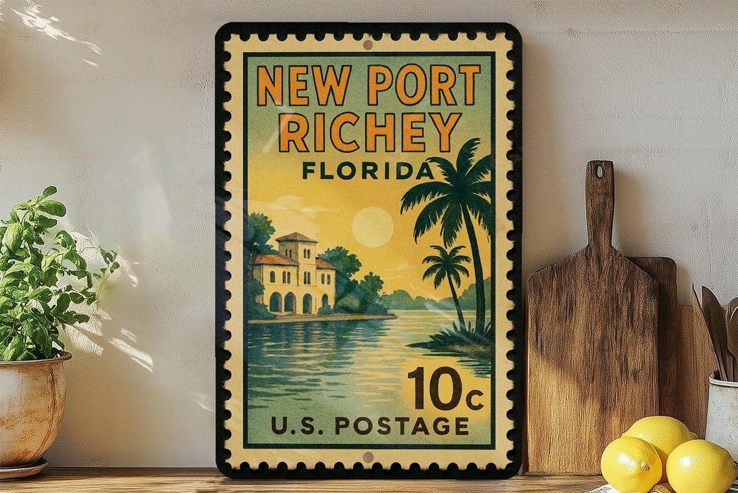 A vintage-style postage stamp from New Port Richey, Florida, featuring a tropical landscape with palm trees and a building on the water.