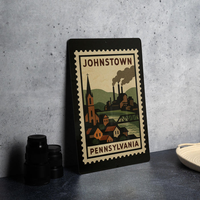 A framed illustration of a town in Pennsylvania, featuring a church, steam-powered factory, and a bridge, is displayed on a table.