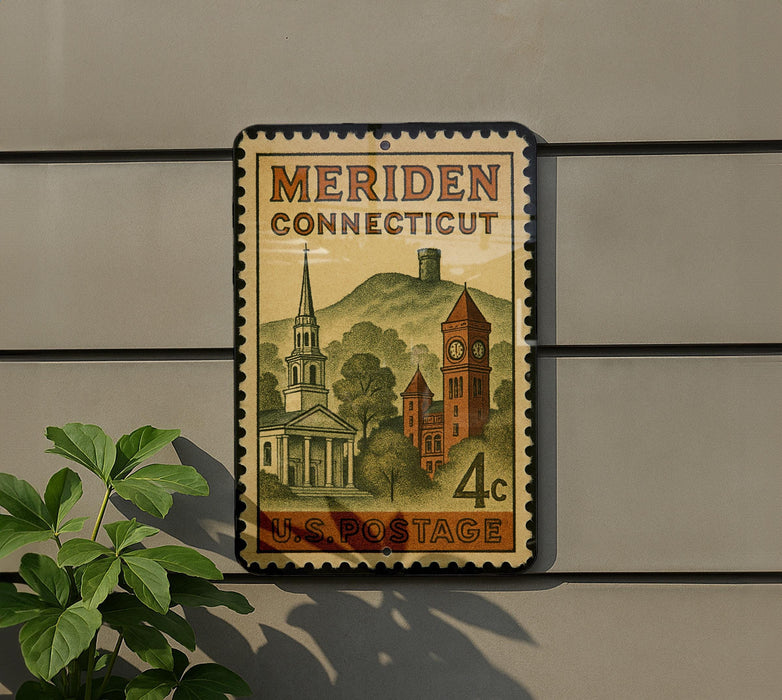 A vintage postage stamp from Connecticut, featuring a church and a clock tower, is displayed on a wall.