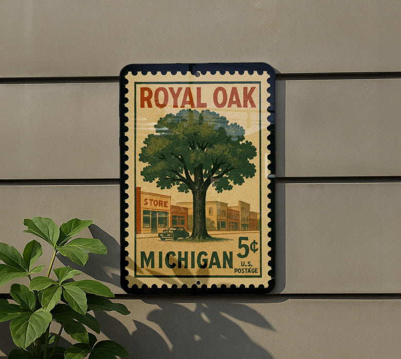 A vintage-style postage stamp featuring a tree and a store, mounted on a wall.