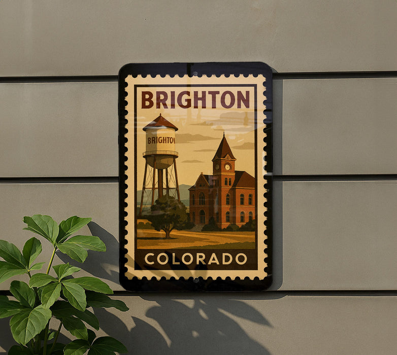 A framed poster of a water tower and a building, with the text "BRIGHTON COLORADO" on it, is displayed on a wall.