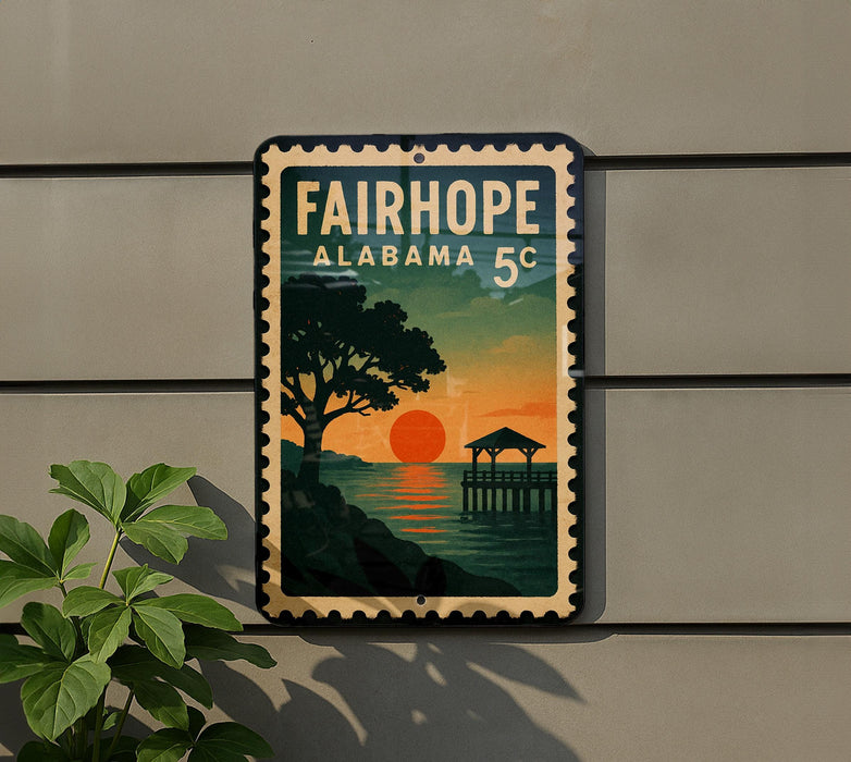 a vintage-style sign for Fairhope, Alabama, with a sunset scene and a pier in the background.