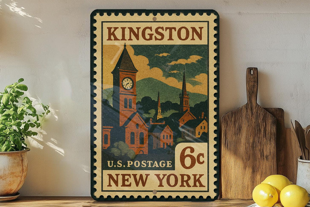 A vintage-style postage stamp from the United States Postal Service, featuring a town scene with a clock tower, is displayed on a shelf next to a wooden cutting board and some potted plants.