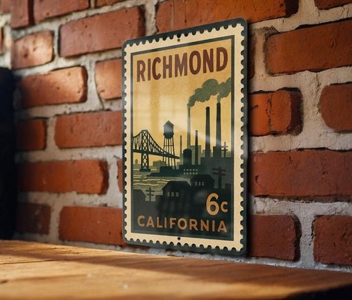 A vintage-style metal sign with the text "RICHMOND 6c CALIFORNIA" displayed on a brick wall.