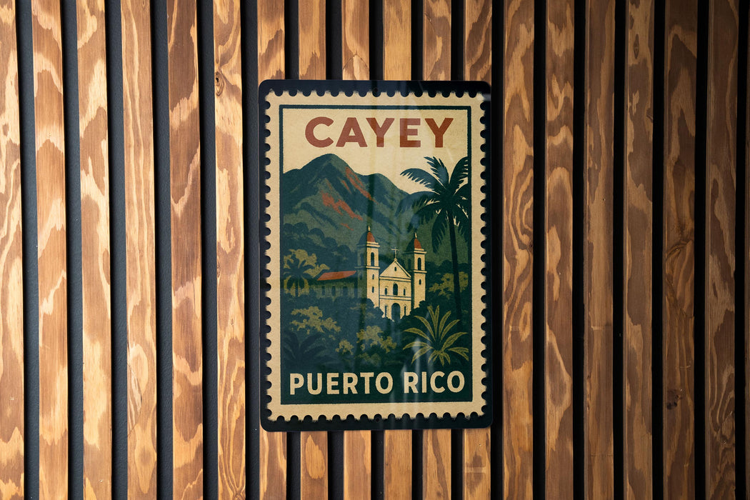 A vintage-style postage stamp from Puerto Rico featuring a tropical landscape with a church and palm trees.