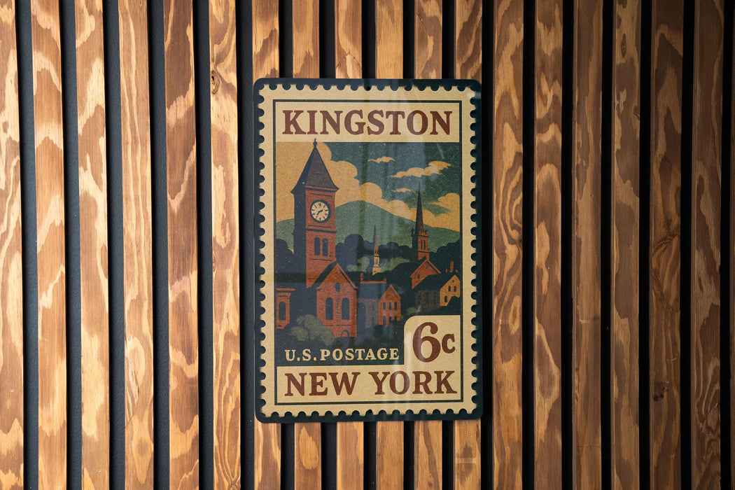 A vintage-style postage stamp from the United States, featuring a town scene with a clock tower, mounted on a wooden wall.