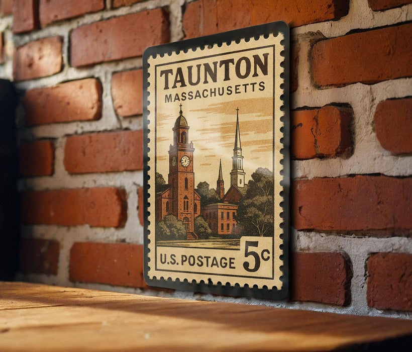 A vintage-style postage stamp from Massachusetts, featuring a brick wall and a church with a clock tower.