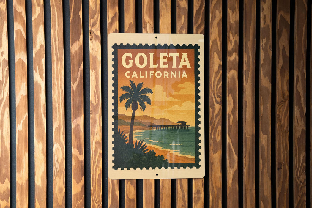 A vintage-style postage stamp from California, featuring a palm tree and a beach scene, is displayed on a wooden wall.