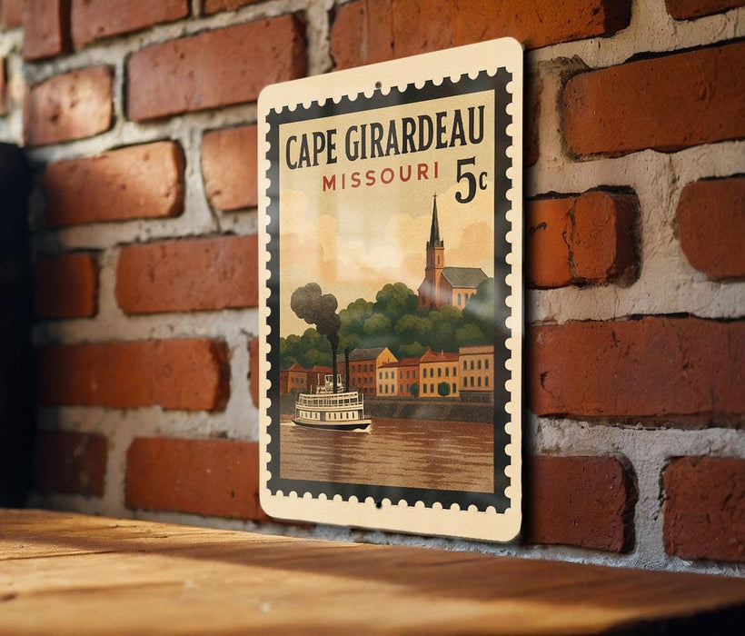 A vintage-style postage stamp depicting a boat on a river, with a brick wall and a church in the background, hanging on a brick wall.