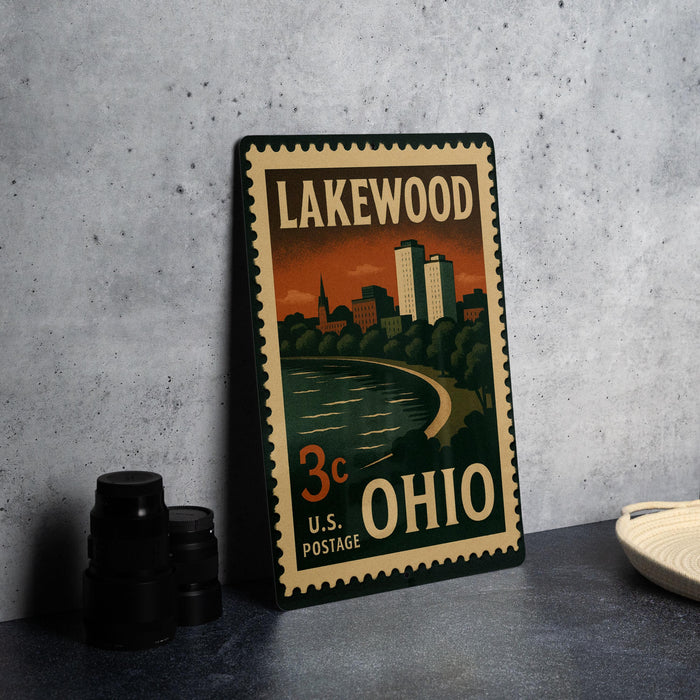 A vintage-style postage stamp from the United States, featuring an illustration of Lakewood, Ohio, with a cityscape and a body of water in the background.