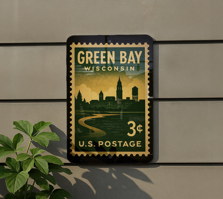 A vintage postage stamp from Wisconsin, featuring a cityscape and a river, is displayed on a wall.