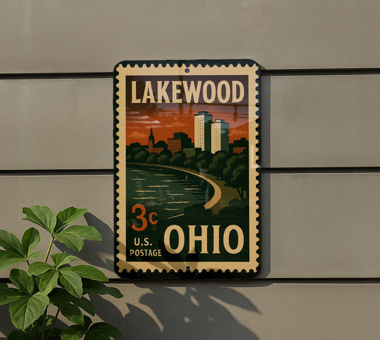 A vintage-style postage stamp from the United States, featuring an illustration of Lakewood, Ohio, with a cityscape and a river in the background.