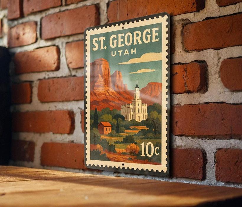 A vintage postage stamp depicting St. George, Utah, with a mountain landscape and a church in the background.