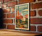 A vintage postage stamp depicting St. George, Utah, with a mountain landscape and a church in the background.