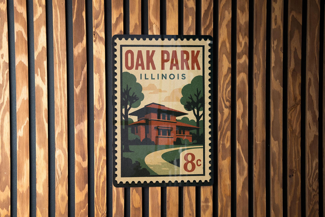 A vintage-style postage stamp depicting a house in Illinois, with the text "OAK PARK ILLINOIS" prominently displayed.