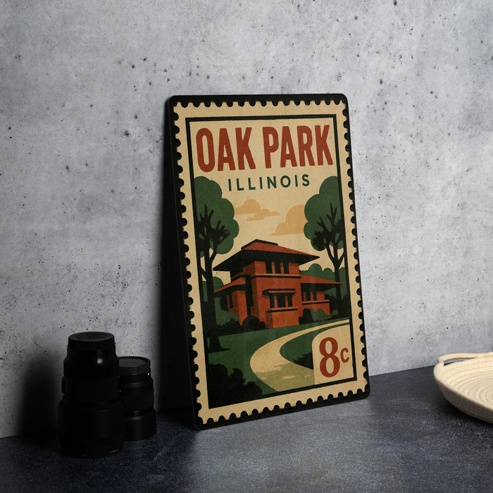 A vintage-style metal sign for Oak Park, Illinois, featuring an illustration of a house and trees.