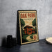 A vintage-style metal sign for Oak Park, Illinois, featuring an illustration of a house and trees.