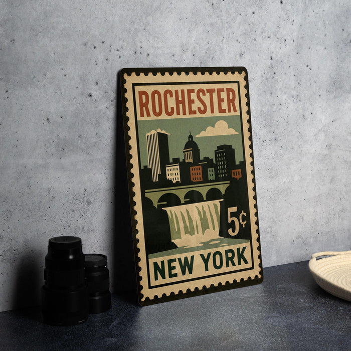 A vintage-style metal sign with the text "Rochester New York" and a cityscape illustration, placed on a gray countertop next to some black camera lenses.