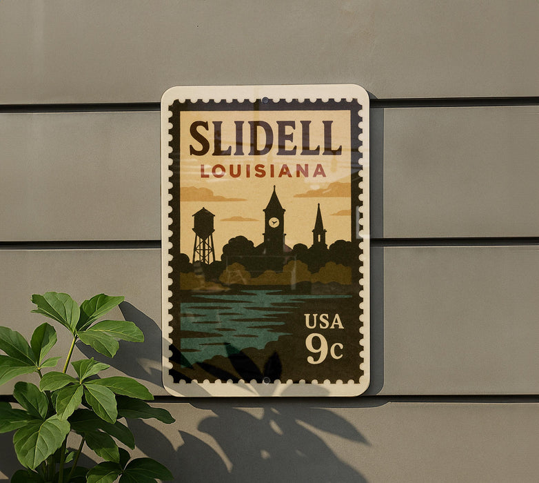 A postage stamp from Louisiana featuring a silhouette of Slidell, Louisiana, with a water tower and clock tower in the background.