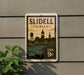 A postage stamp from Louisiana featuring a silhouette of Slidell, Louisiana, with a water tower and clock tower in the background.