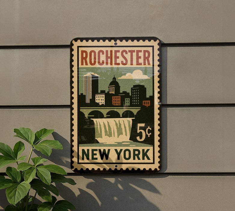 A vintage-style metal sign with a cityscape and a waterfall, mounted on a wall.