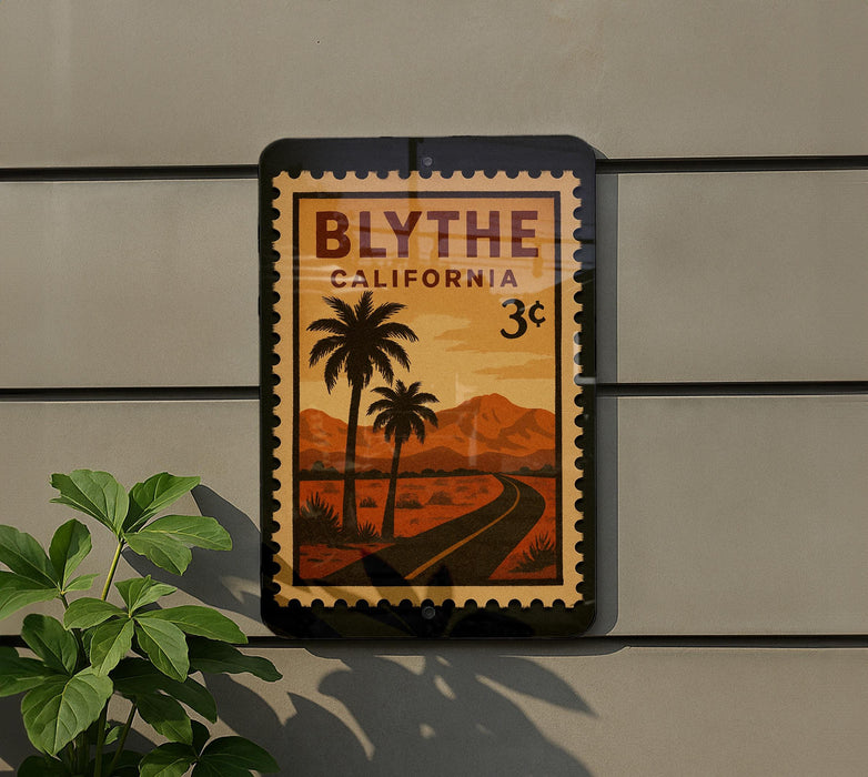 A vintage-style postage stamp from Blythe, California, featuring a palm tree and a desert landscape.
