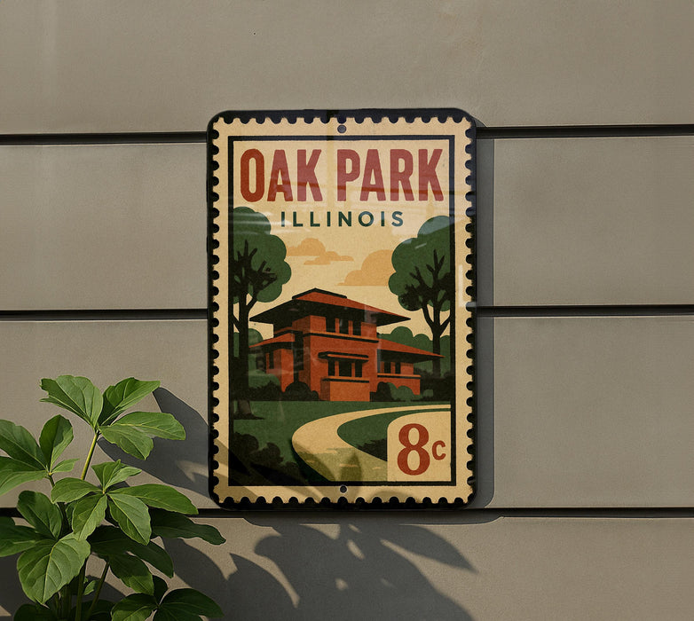 A vintage-style sign for Oak Park, Illinois, featuring a house and trees, mounted on a wall.