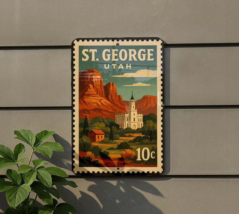 A vintage-style postage stamp from Utah, featuring a scenic landscape with mountains, buildings, and a church, mounted on a wall.