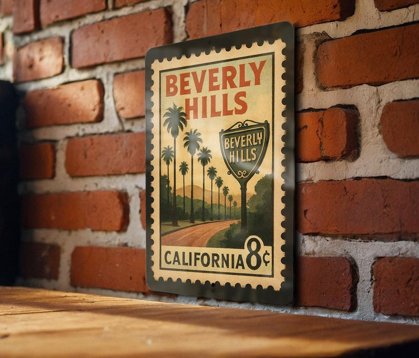 A vintage-style metal sign with the text "BEVERLY HILLS" and "BEVERLY HILLS" displayed on it, mounted on a brick wall.