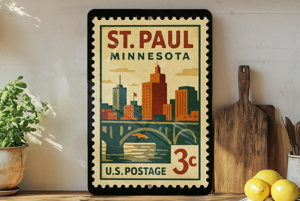 A framed postage stamp from St. Paul, Minnesota, depicting a cityscape with a bridge and a river, is displayed on a shelf next to a wooden cutting board and some lemons.