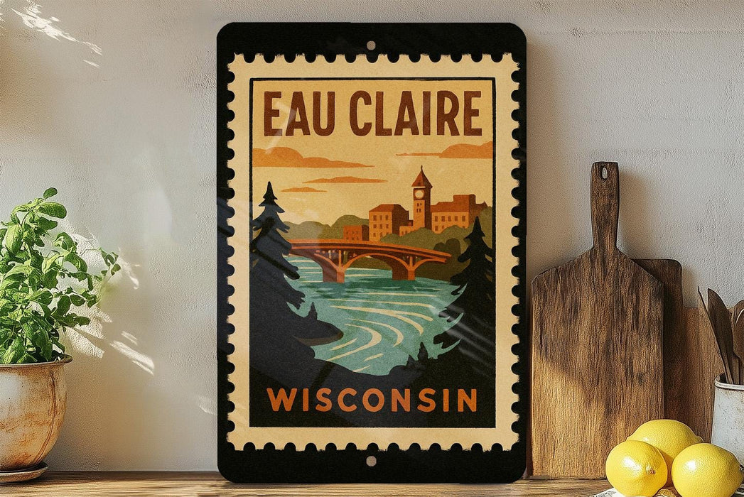 A framed poster of a scenic view of Wisconsin, featuring a bridge, trees, and a river, is displayed on a shelf next to a wooden cutting board and some lemons.