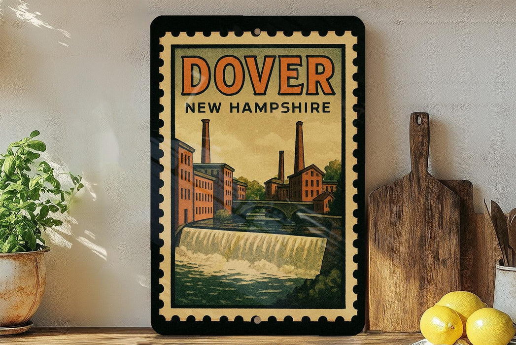 a vintage-style poster of Dover, New Hampshire, with a waterfall and buildings in the background, displayed on a wall next to a wooden cutting board and some lemons.