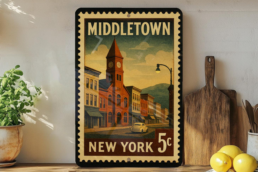 A vintage-style metal sign with a colorful illustration of a town, featuring a clock tower, buildings, and a street scene, mounted on a wall next to a wooden cutting board and some potted plants.